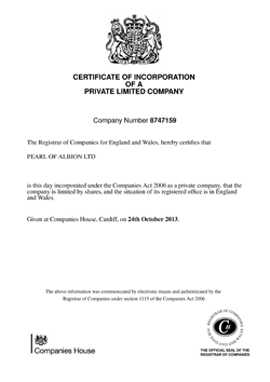 registration certificate Pearl of Albion Ltd